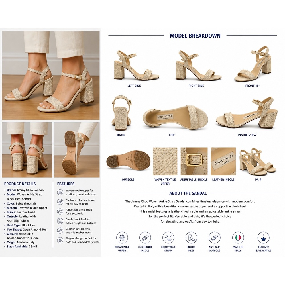Jimmy Choo Woven‎ Ankle Strap Block Heel Sandals Beige IT 37 Made in Italy